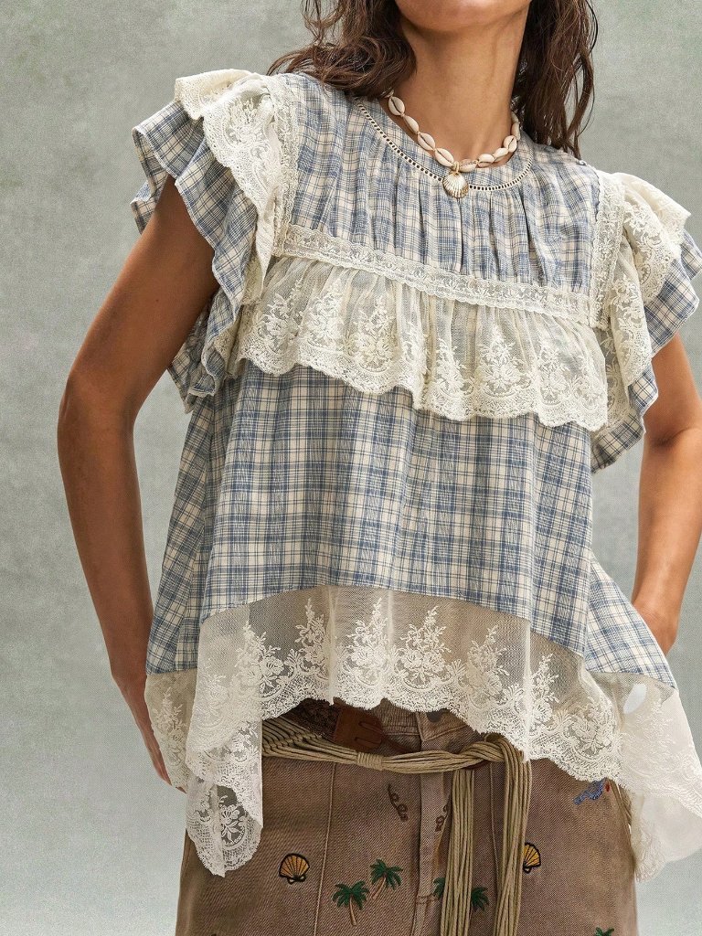 Blue And White Cute Women's Casual Woven Plaid Contrast Lace Loose Blouse